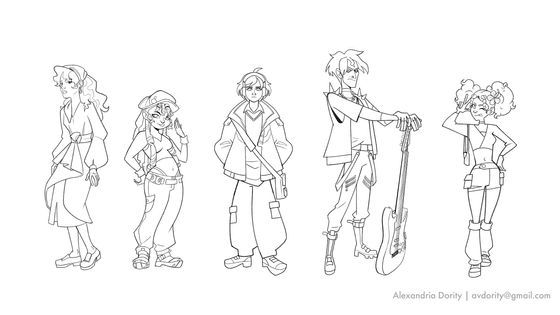 Title: A Lineup of Diverse Characters–Lineart Description: Five people are shown, two women and three men, in a range of different clothing and expressions.