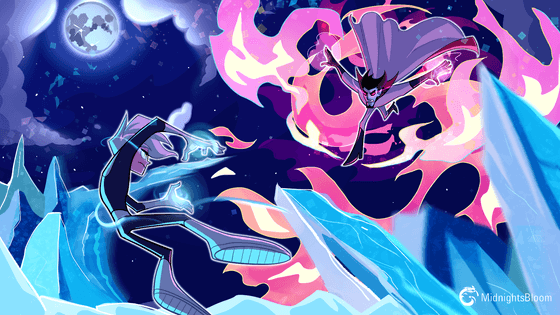 Title: Danny Phantom–Fire vs. Ice Description: Danny Phantom fighting Vlad Plasmius under moonlight. Danny is preparing an ice attack while Vlad lunges with fire.