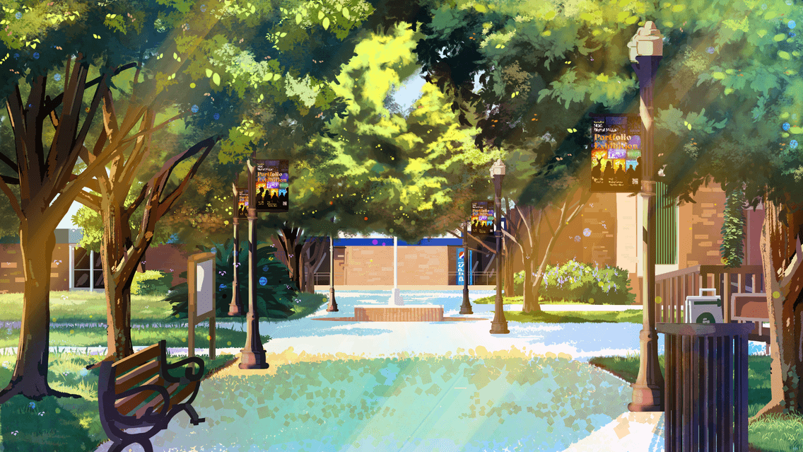 Title: IRSC x Adobe Mural Project Description: An illustration of IRSC's Massey Campus, showing a section of walkway shaded by sun-lit trees. Lamp posts adorned with banners lead towards a central flagpole.