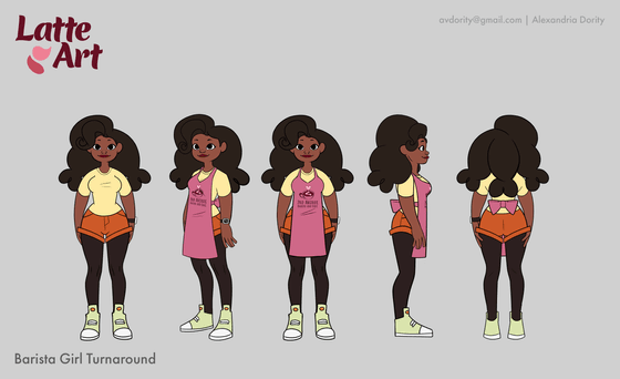 Title: Latte Art Turnaround–Barista Girl Description: The character turnaround for the barista girl in the "Latte Art" animated short film.