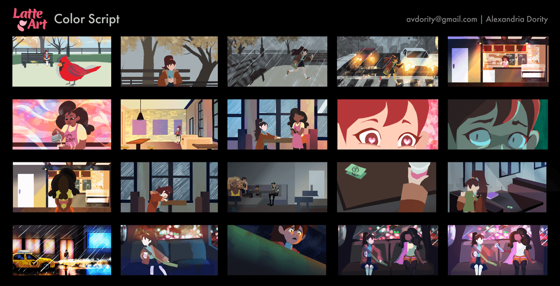 Title: Latte Art Color Script Description: The color script for the "Latte Art" animated short film. Different scenes are depicted by different color palettes that help convey the mood of each scene.