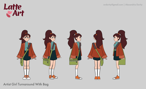 Title: Latte Art Turnaround–Artist Girl Description: The character turnaround for the artist girl in the "Latte Art" animated short film.