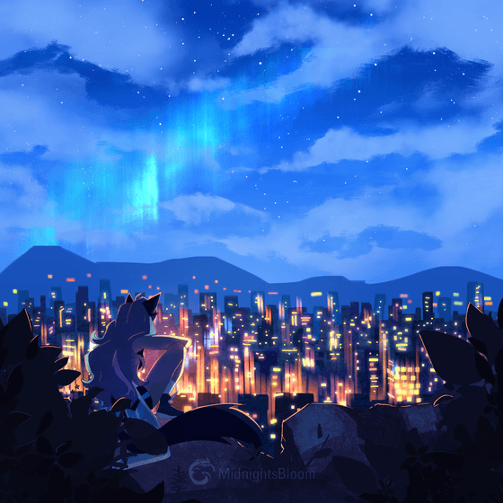 Title: Between Two Worlds Description: The catgirl Midnight looks over an illuminous city at night. Streaks of city lights and glowing auroras populate the landscape.