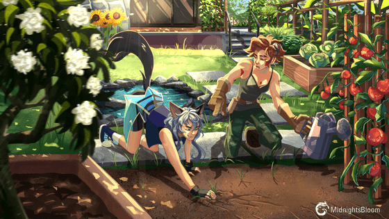 Title: Gardening Girls Description: The catgirl Midnight and her hardworking friend Gwen are kneeling down to tend to a garden. Gwen is watering tomatoes, while Midnight is pulling weeds.