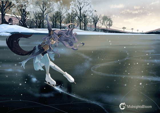 Title: A Day on the Ice–Daytime Description: The catgirl Midnight is skating on a frozen lake in the countryside during daytime. She appears to be landing an Axel jump whilst looking towards the viewer.