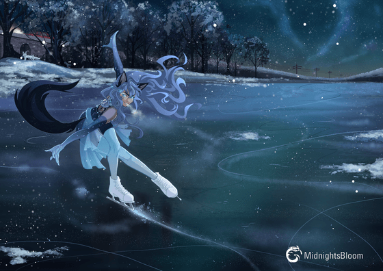 Title: A Day on the Ice–Night Description: The catgirl Midnight is skating on a frozen lake in the countryside during nighttime. She appears to be landing an Axel jump whilst looking towards the viewer.