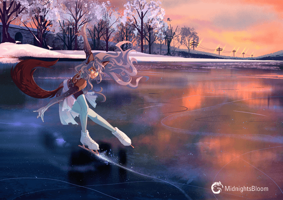 Title: A Day on the Ice–Sunset Description: The catgirl Midnight is skating on a frozen lake in the countryside during sunset. She appears to be landing an Axel jump whilst looking towards the viewer.