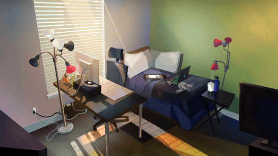 Title: Room Color Study–Daytime Description: An explorative color study of a bedroom/office during the daytime. Light is pouring in through a large window and filling the room with a rhythm of shadows.