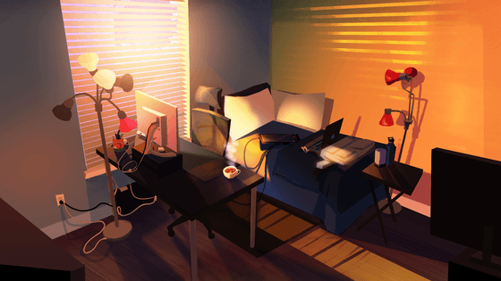 Title: Room Color Study-Golden Hour Description: An explorative color study of a bedroom/office during golden hour. Warm light fills the room and a cup tea sits on the desk.