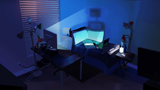 Title: Room Color Study-Night Description: An explorative color study of a bedroom/office during the night. Screens emit blue light and illuminate the space.