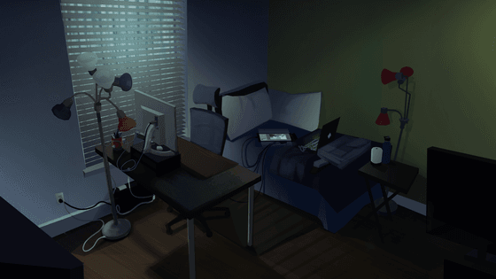 Title: Room Color Study-Rain Description: An explorative color study of a bedroom/office during a rainy afternoon. The dull lighting outside causes the interior to appear dark and soothing.