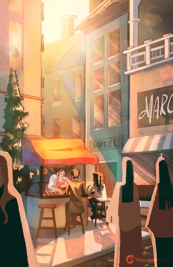 Title: Hospitality Description: A hot food vendor seats two guests on the corner of a narrow street. The setting and drawn aesthetic give vibes on an old European town.