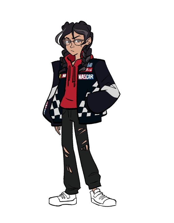 Title: Mayu Portrait Description: A stylized portrait of friend and fellow artist Mayuko. She dons half-rim glasses and an oversized racing jacket.