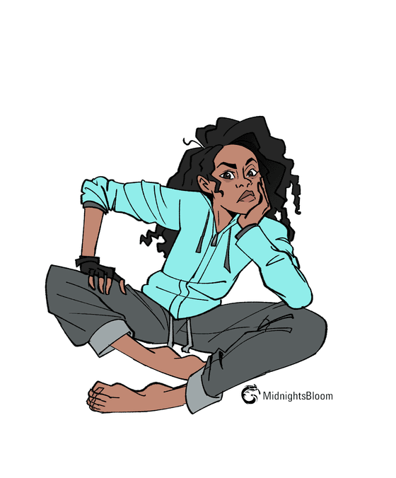 Title: Stylized Self Portrait Description: A self portrait of me in a sitted pose looking tired and discontent. I am wearing an aqua jacket and grey pajama pants while a drawing glove fits my hand.