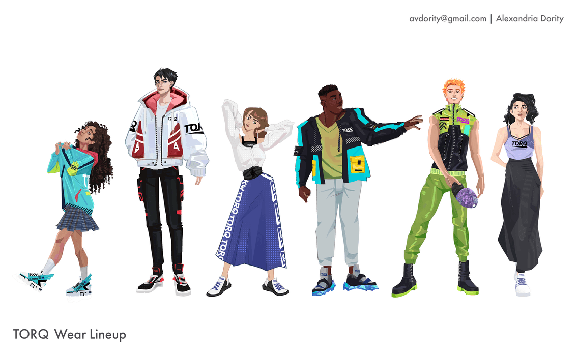 Title: TORQ Clothing Lineup Description: A series of stylized young individuals wearing vivid and eccentric clothing from the fictitious brand TORQ.